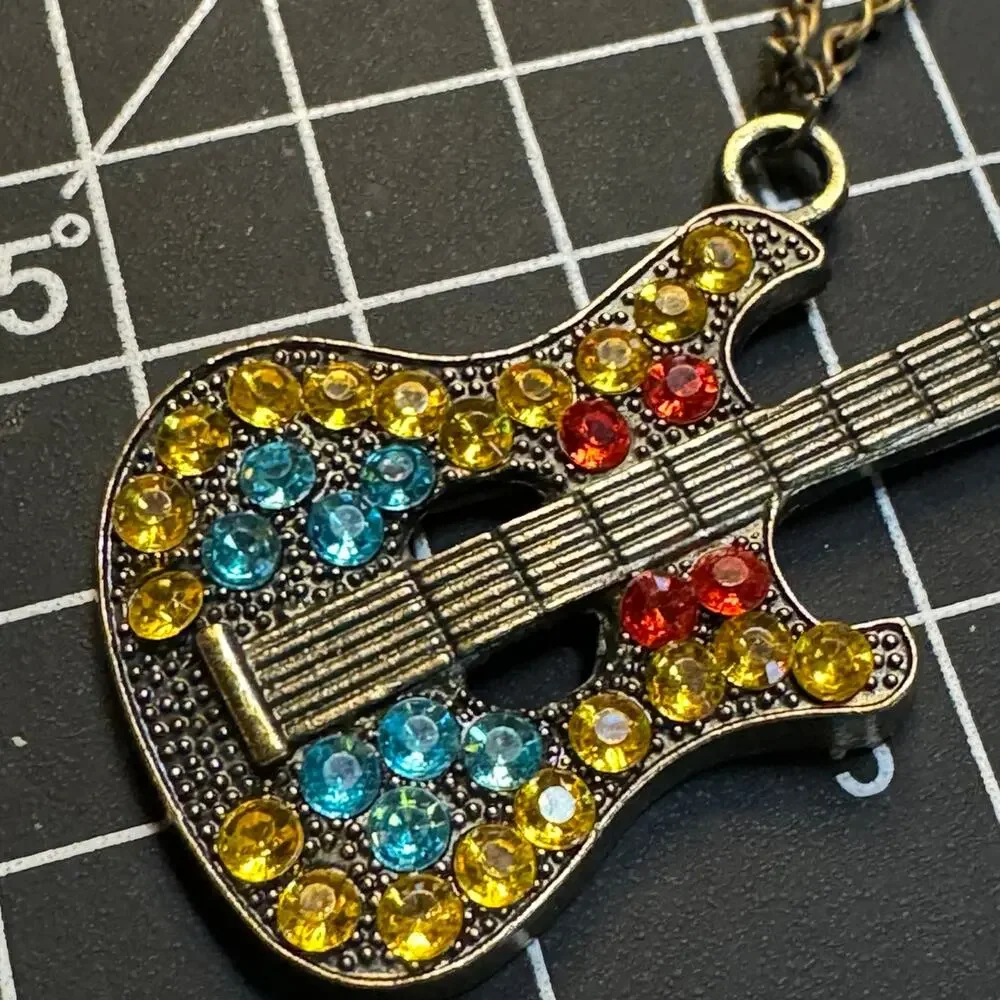 Antique Bronze Multi-Colored Rhinestone Guitar Necklace